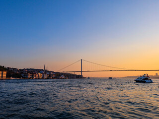 Bosphorus cruise along the sea in Istanbul, beautiful sunset with view of Asian and Europe side 