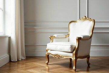 Elegant white & gold vintage armchair in classic room , interior, sitting room