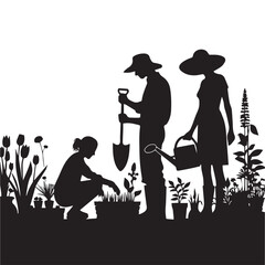 silhouette of people gardening, editable vector image