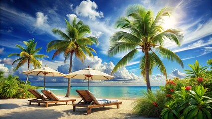Obraz premium Tranquil Beach Scene Luxurious Relaxation Under Palm Trees with Beach Umbrellas and Lounge Chairs