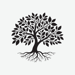 Detailed Tree Silhouette Illustration with Intricate Leafy Branches and Roots - Minimalist Black and White Botanical Art