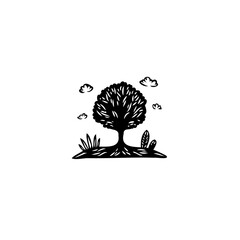 Stylized monochrome tree illustration against a white backdrop with cloud accents