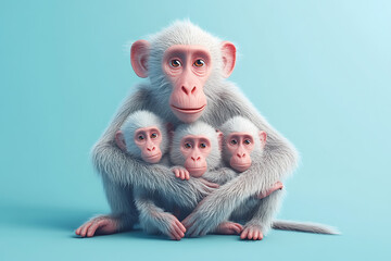 A mother monkey embraces her three fluffy baby monkeys against a soft blue background, showcasing warmth