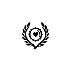 Obraz premium Emblem with a stylized heart within a radiating shape and leafy branches