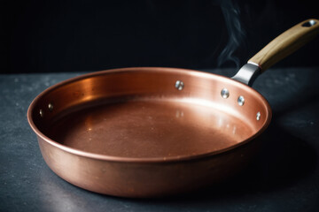 A stainless steel frying pan with a wooden handle placed on a kitchen counter