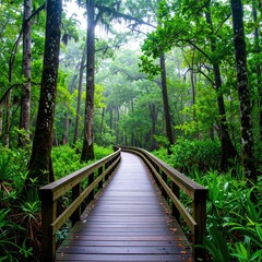 Fototapeta premium Serene wooden boardwalk through lush green forest on a misty day
