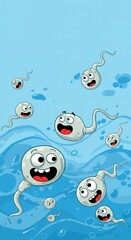 Cheerful Sperm Cartoon Illustration in Blue Environment, Cute Design