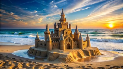Majestic Sandcastle Fortress at Golden Hour on Ocean Shore