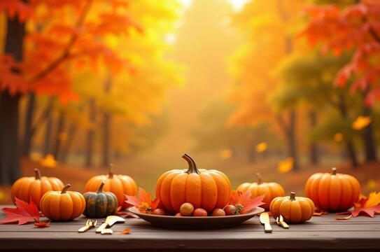 A bowl of pumpkins on a wooden table in autumn
