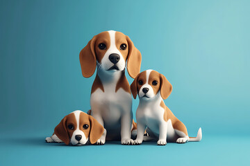 Three adorable beagle puppies sitting together on a vibrant blue background, showcasing their playful nature