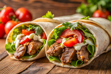 Close-up shot of shawarma wrap showing savory meat and vegetables