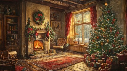 Fototapeta premium Cozy Room with Decorated Christmas Tree and Fireplace in Holiday Season