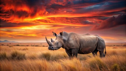 Fototapeta premium Majestic Rhino Silhouette at Sunset in the African Savanna, a Powerful Symbol of Wilderness and Untamed Beauty