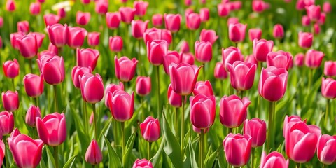 Fototapeta premium Vibrant pink tulips bloom in a lush spring meadow, natural, vibrant