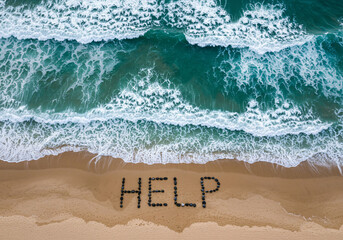 Fototapeta premium HELP big written on the beach by the sea.