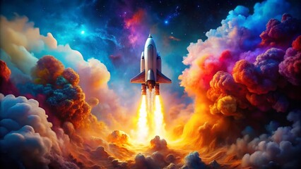 Obraz premium A vibrant spacecraft ascends through a surreal landscape of colorful clouds and cosmic nebulae, embarking on an interstellar voyage of discovery and wonder.