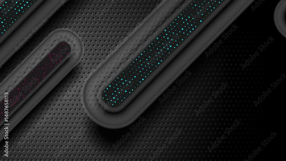 Poster Black tech perforated texture abstract background with smooth stripes and bright dots. Seamless looping futuristic motion design. Video animation Ultra HD 4K 3840x2160