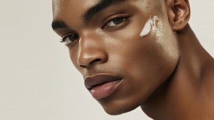 Close-up portrait of a young man applying skincare cream on face