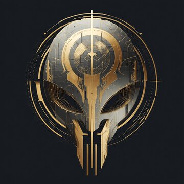 Futuristic alien mask with gold and black metallic texture on dark background