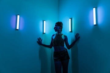 Cyberpunk woman in neon-lit futuristic setting