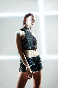 Cyberpunk woman model in futuristic attire