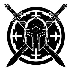 Weathered Spartan warrior helm fronting crossed broadswords set inside a circular target sight outline, bold vector for esports, tactical gear branding, military unit insignias and gaming clan logos