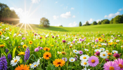 Obraz premium Colorful wildflower meadow under bright sunlight in spring 