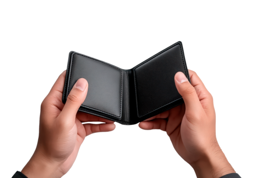 An empty black leather wallet is held open by two hands isolated on transparent background