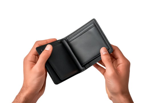 Empty black wallet in male hands isolated on transparent background