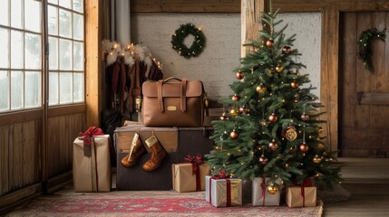 Christmas Tree and Gifts Adorn Rustic Interior with Leather Bag and Stockings