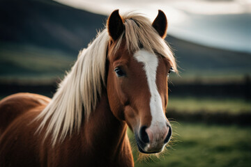 Naklejka premium A brown and white horse stands in a green field, ready for a ride