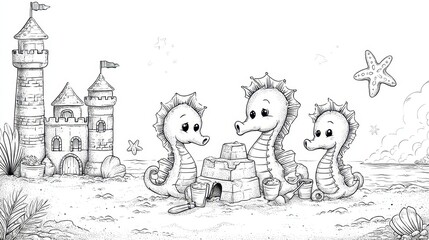 Cute seahorses playing near a castle on a beach.