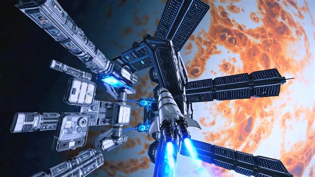 Sleek spacecraft emitting bright blue plasma exhaust departing international orbital platform near massive striped Jupiter, rendering advanced space exploration concept