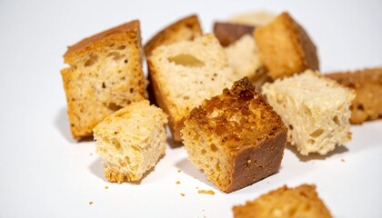 Stale bread transformed into croutons on isolated white background with warm-toned lighting and shallow depth of field