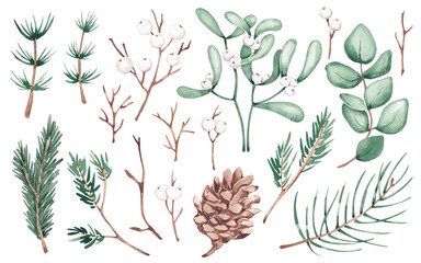 Noel Christmas clip art. Isolated on white. Hand drawn with watercolor. Design elements for card, banner, invitation