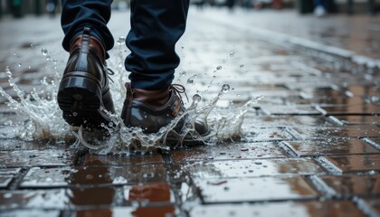 Close-Up of Shoes Splashing in a Puddle on a Wet Brick Road Urban Street Photography