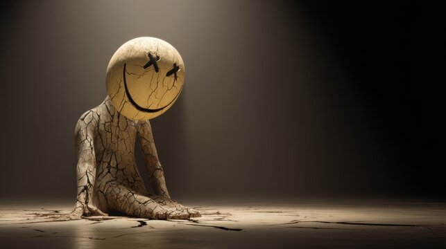 Human Figure With a Cracked Exterior and a Joyless Expression Sits in a Dimly Lit Space Conveying Themes of Isolation and Despair