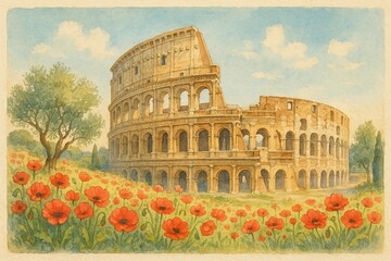 Naklejka premium Scenic Watercolor Postcard of Country Landmark in Season 