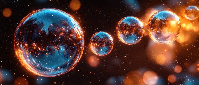 Glowing orbs float in dark space, exhibiting vibrant blue and orange hues. Internal details mimic celestial formations - Powered by Adobe