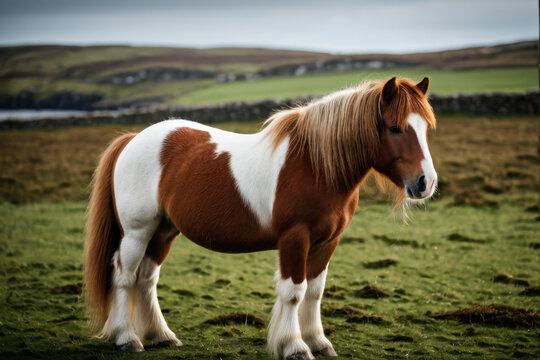 A brown and white horse stands in a green field with lush grass
