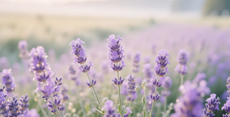 Obraz premium Dreamy Lavender Field at Sunrise with Dew-Kissed Purple Blooms and Soft Pastel Light