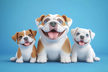 Fototapeta premium Three cartoon bulldogs with cheerful expressions sitting against a blue background, ideal for pet-themed designs