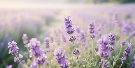Naklejka premium Dreamy Lavender Field at Sunrise with Dew-Kissed Purple Blooms and Soft Pastel Light