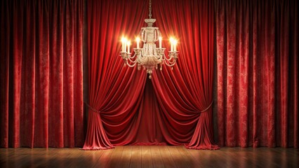 A Luxurious Stage Setting with Rich Red Curtains and a Glimmering Crystal Chandelier