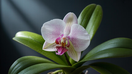 Fototapeta premium Realistic white orchid with pink spots glossy green leaves high detail soft shadows