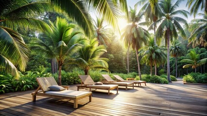 Fototapeta premium Serene Tropical Paradise Sun-drenched Deck with Luxurious Loungers Nestled Amongst Lush Palm Trees and Vibrant Greenery
