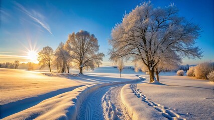 Obraz premium Serene Winter Landscape Sunlit Snow-Covered Path Winding Through Frosty Trees at Dawn