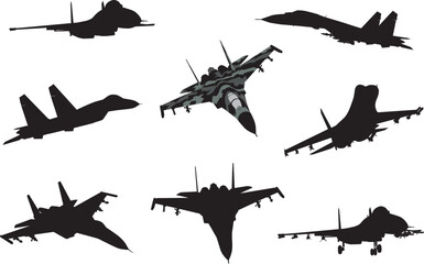 Military aircrafts flying. Vector silhouettes