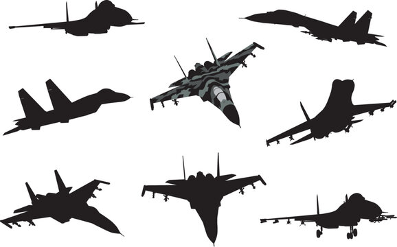 Military aircrafts flying. Vector silhouettes
