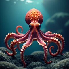 Fototapeta premium Orange octopus with speckled pattern on tentacles